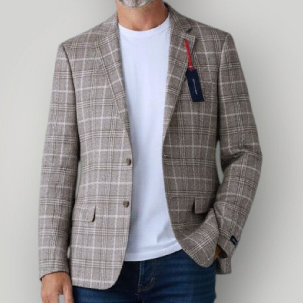 TOMMY HILFIGER Men’s Blazer Sport Coat 2-Button Jacket 48R Tan Beige Wool Blend